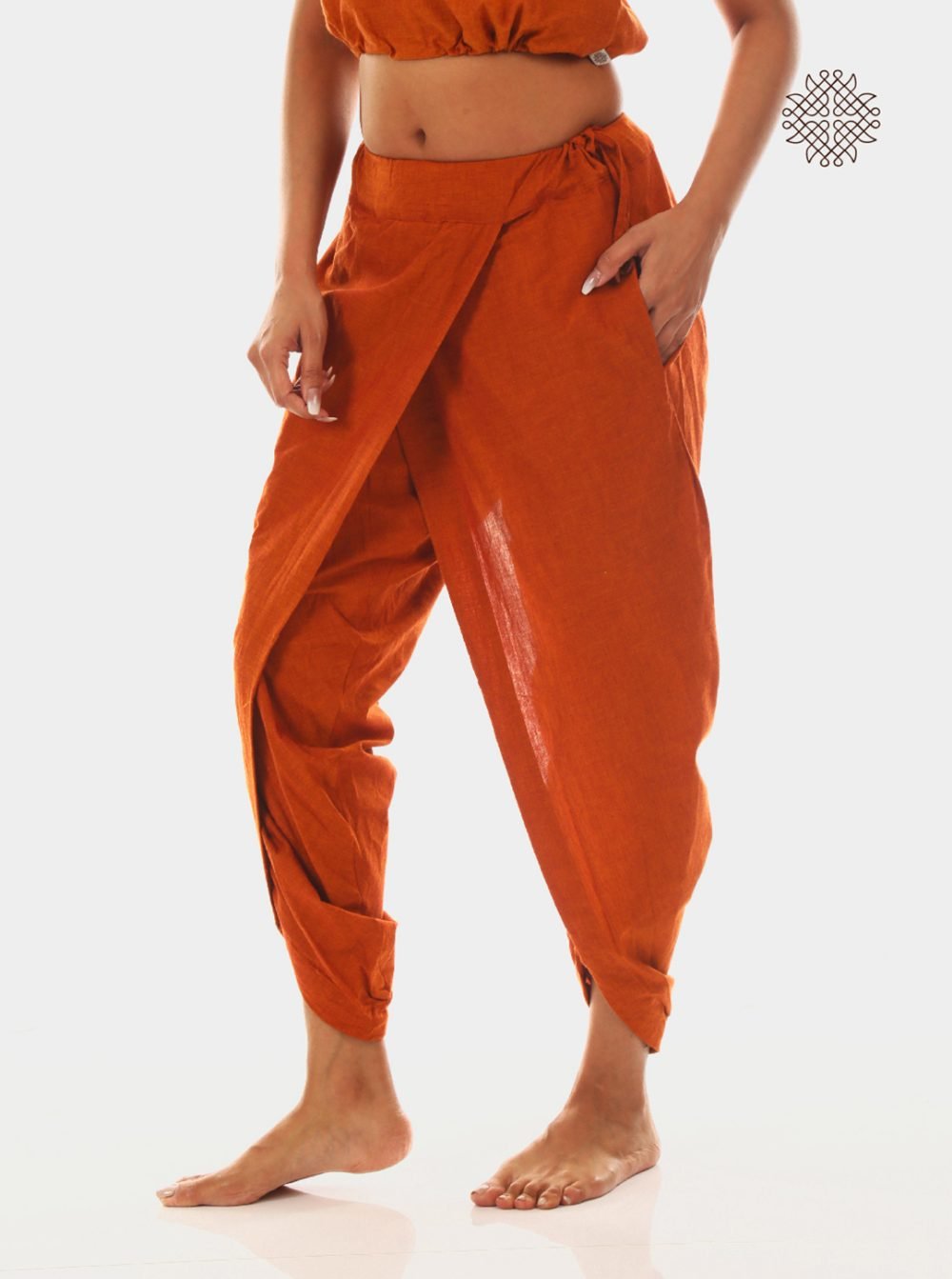 kapila (rusty orange) yuvaki, cross-cut dhoti pants with pockets crafted in 100% cotton - Image 3