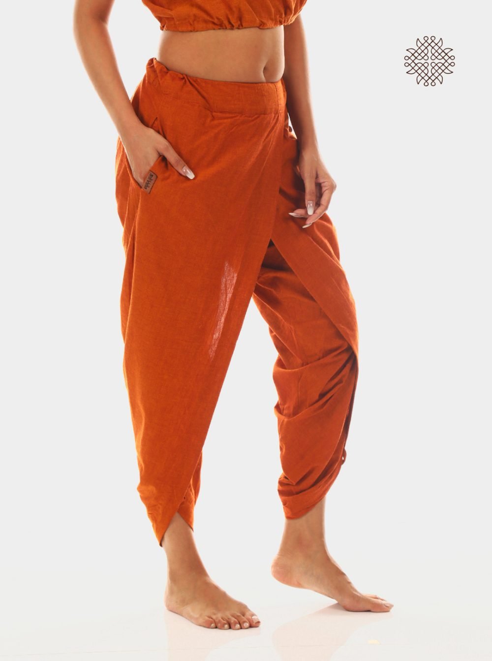 kapila (rusty orange) yuvaki, cross-cut dhoti pants with pockets crafted in 100% cotton - Image 2