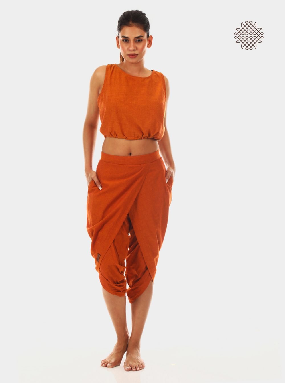 kapila (rusty brown) taruNi, cross-cut calf length dhoti pants with pockets crafted in 100% cotton - Image 5