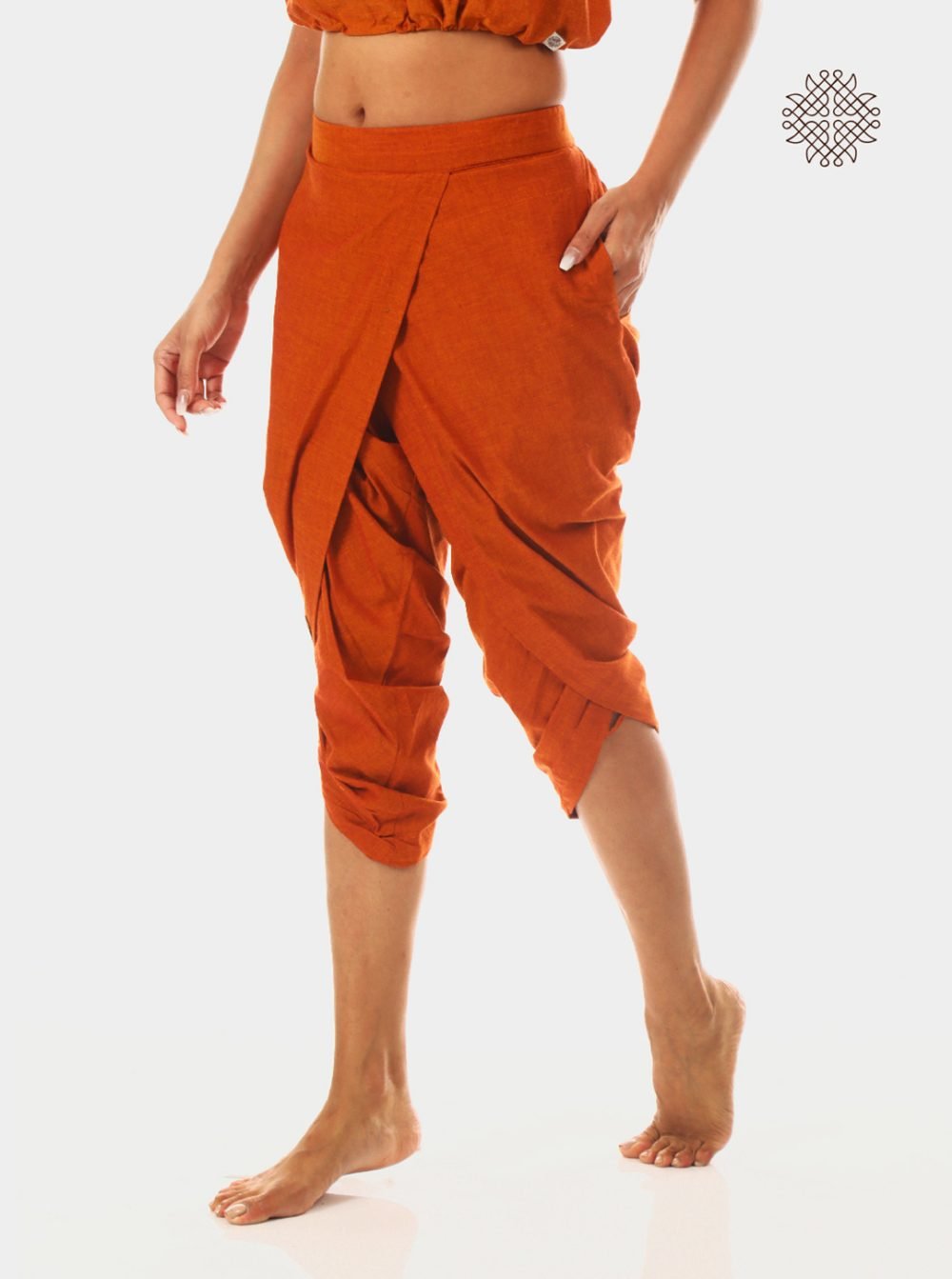 kapila (rusty brown) taruNi, cross-cut calf length dhoti pants with pockets crafted in 100% cotton - Image 3