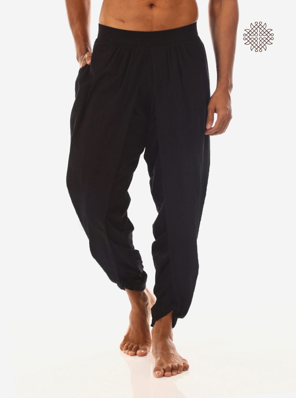 syamah (black) yuvaka, cross cut dhoti pants with pockets crafted in 100% cotton