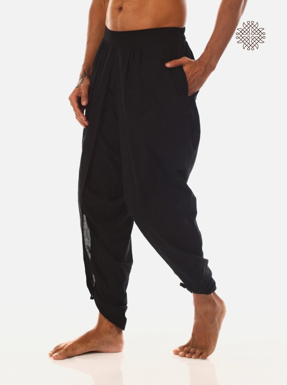 syamah (black) yuvaka, cross cut dhoti pants with pockets crafted in 100% cotton - Image 3
