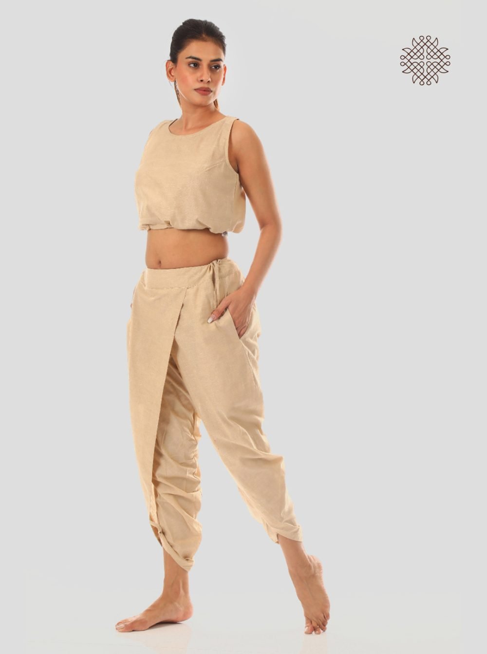 hariNa (beige) yuvaki, cross-cut dhoti pants with pockets  crafted in 100% cotton - Image 5