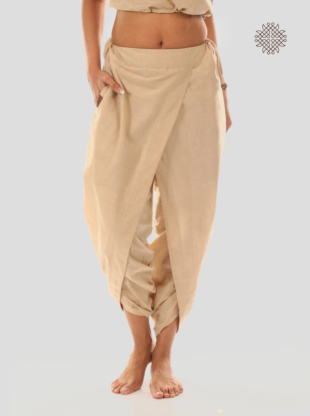 hariNa (beige) yuvaki, cross-cut dhoti pants with pockets  crafted in 100% cotton