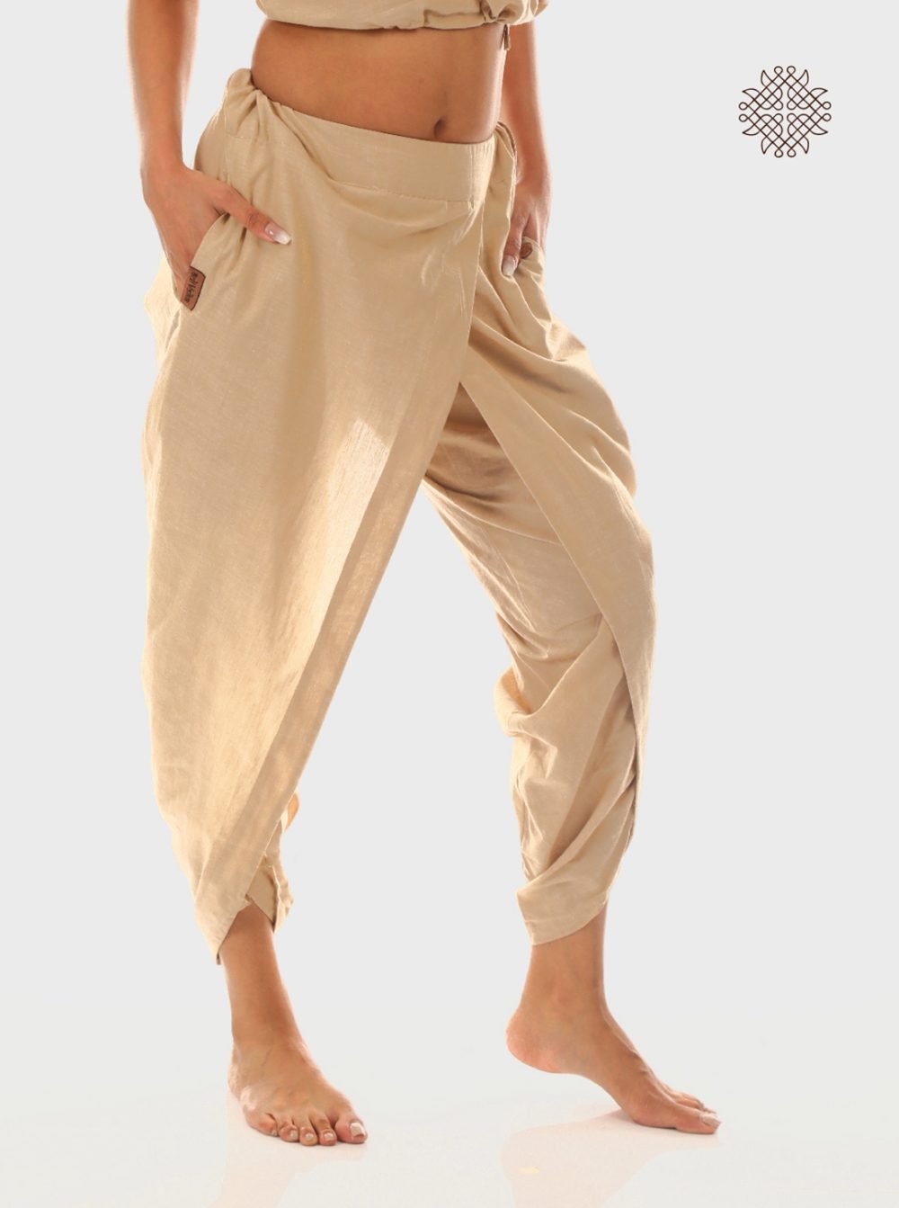 hariNa (beige) yuvaki, cross-cut dhoti pants with pockets  crafted in 100% cotton - Image 2