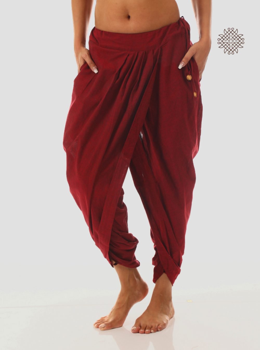 kumkum (maroon) yuvaki, pleated dhoti pants with pockets crafted in 100% cotton